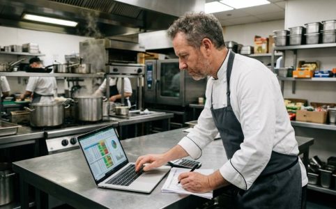 Chef reviewing food cost spreadsheet in hotel restaurant kitchen