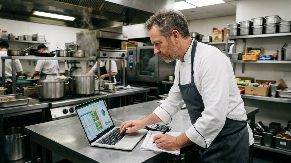 Chef reviewing food cost spreadsheet in hotel restaurant kitchen