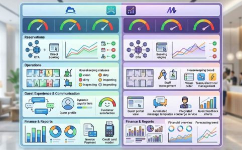 Cloudbeds vs Mews software comparison dashboard overview for hotel management