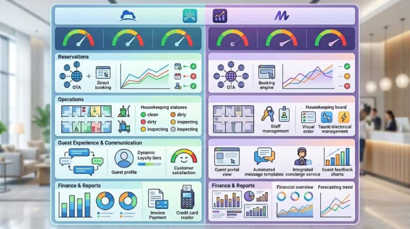 Cloudbeds vs Mews software comparison dashboard overview for hotel management