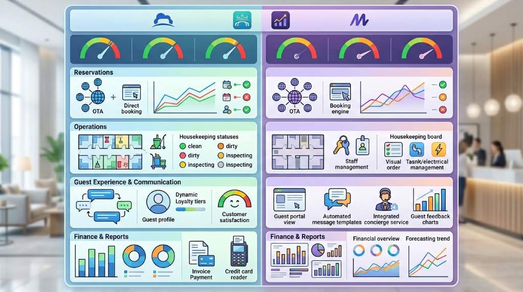 Cloudbeds vs Mews software comparison dashboard overview for hotel management