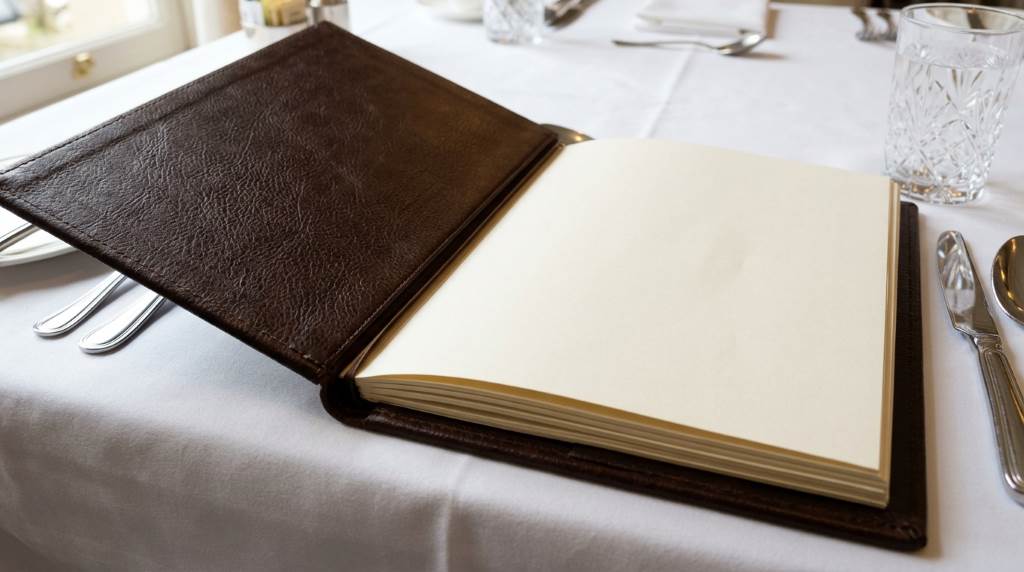 Elegant hotel restaurant a la carte menu on white tablecloth setting