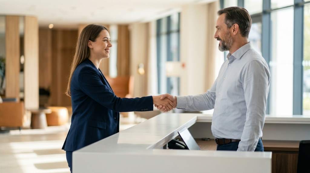 Front desk staff handling multiple guests during busy hotel check-in