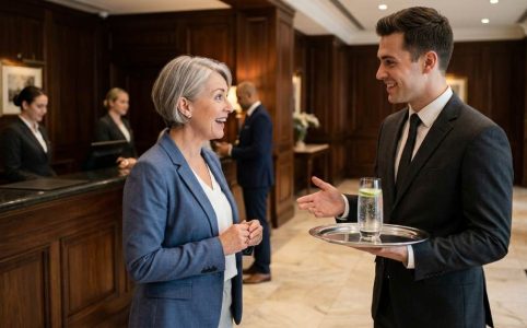 Hotel concierge greeting a guest with a personalised welcome at front desk