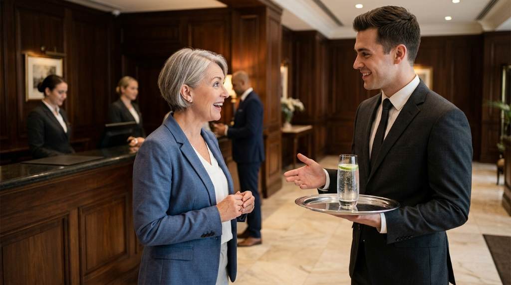 Hotel concierge greeting a guest with a personalised welcome at front desk