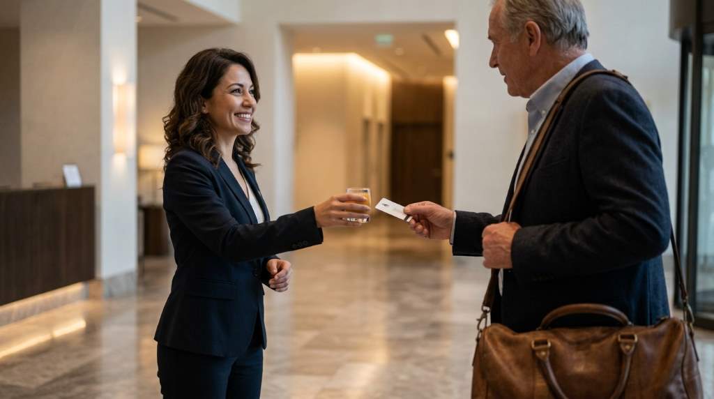 Hotel employee assisting a guest with luggage and smiling in lobby