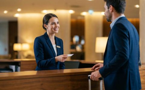 Hotel front desk agent greeting a guest during check-in with a warm smile