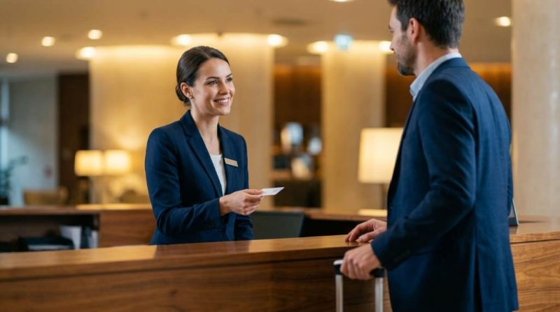 Hotel front desk agent greeting a guest during check-in with a warm smile