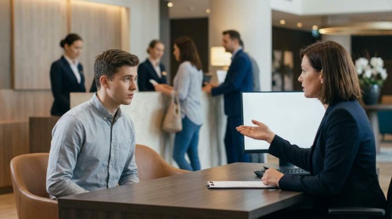 Hotel front desk agent smiling and assisting a guest at check-in