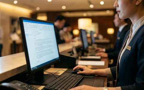 Hotel front desk staff monitoring cybersecurity alerts on a computer screen