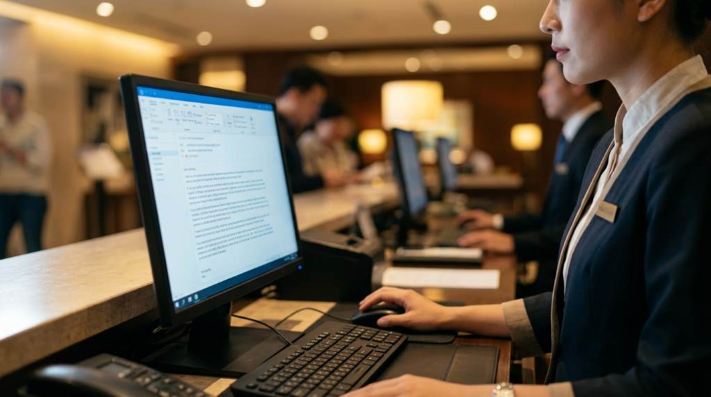 Hotel front desk staff monitoring cybersecurity alerts on a computer screen