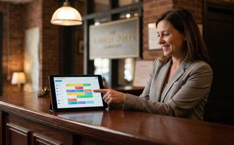 Hotel front desk staff using a property management system on a tablet