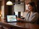 Hotel front desk staff using a property management system on a tablet