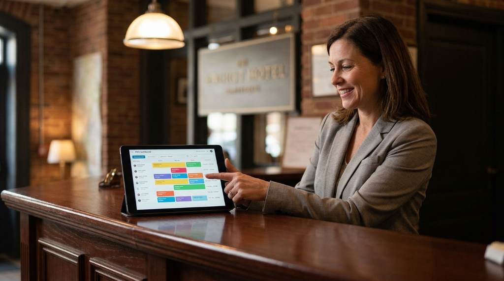 Hotel front desk staff using a property management system on a tablet