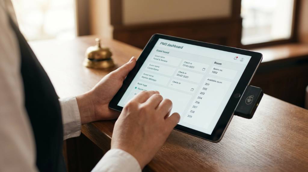 Hotel manager reviewing occupancy reports on a cloud-based PMS platform