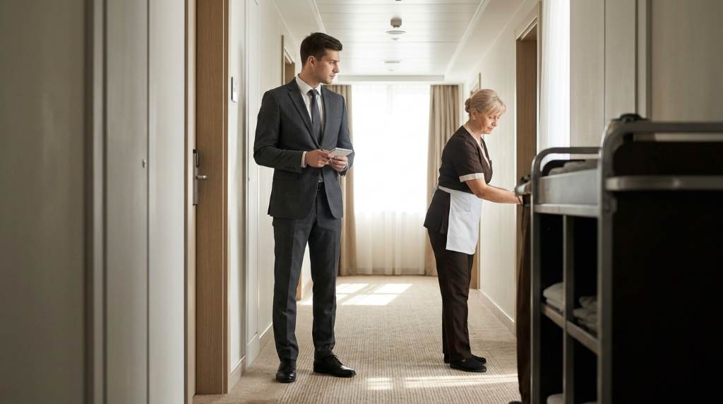Hotel manager reviewing shift log and guest feedback reports at a desk