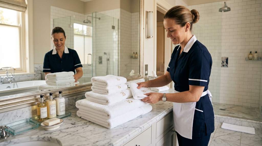 Hotel supervisor inspecting a guest room with a digital housekeeping checklist app