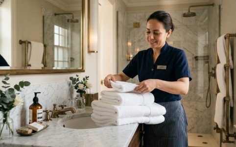 Housekeeper arranging luxury towels on a boutique hotel bathroom counter