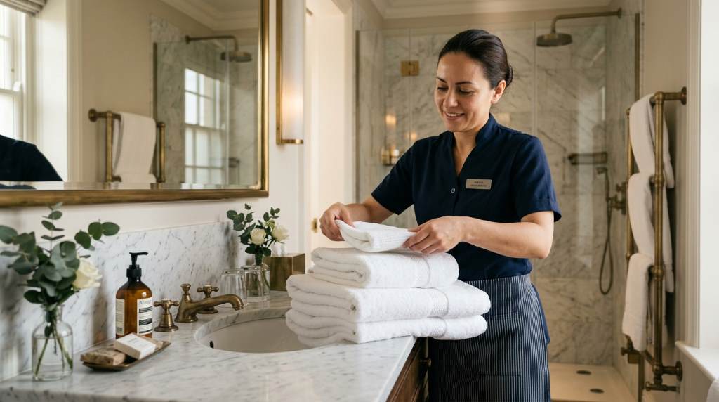 Housekeeper arranging luxury towels on a boutique hotel bathroom counter