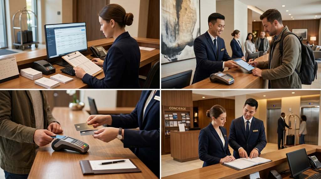 Night auditor working at an empty hotel front desk during late-night shift