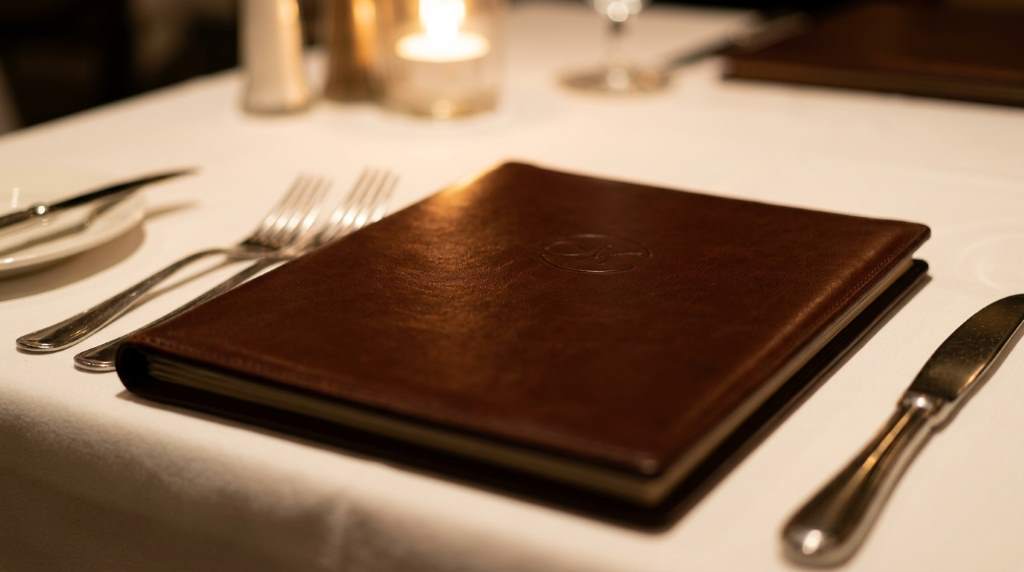 Room service tray with gourmet meal delivered to hotel guest bedroom