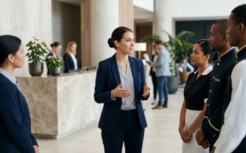 irst-time hotel manager leading a morning team briefing at the front desk