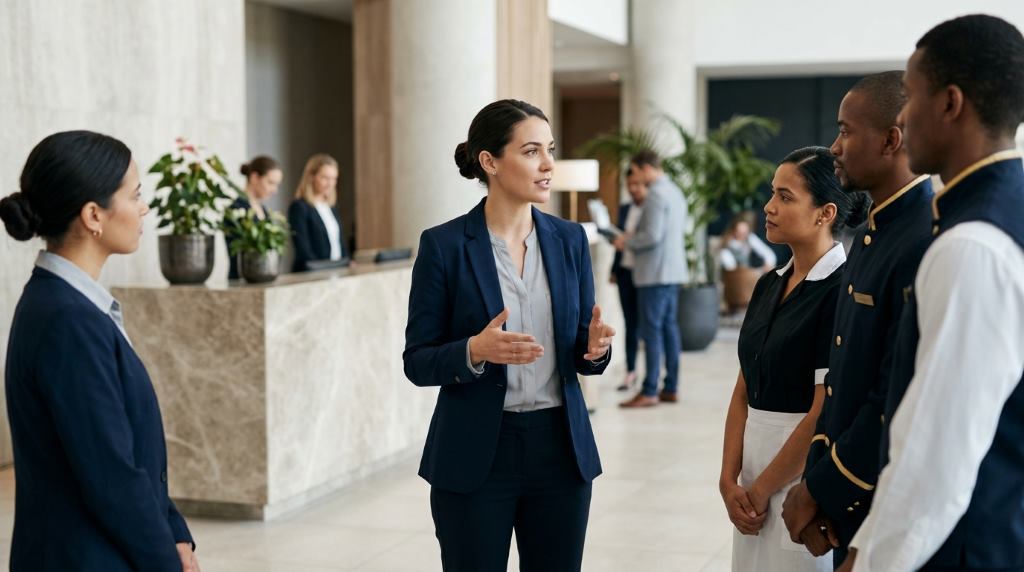 irst-time hotel manager leading a morning team briefing at the front desk