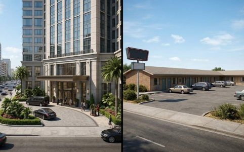 Side by side comparison of hotel room and motel room layouts