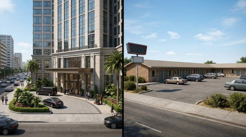 Side by side comparison of hotel room and motel room layouts