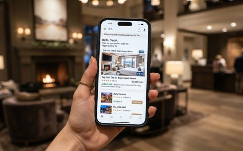 Traveler holding a phone using AI hotel booking to reserve a luxury room stay.