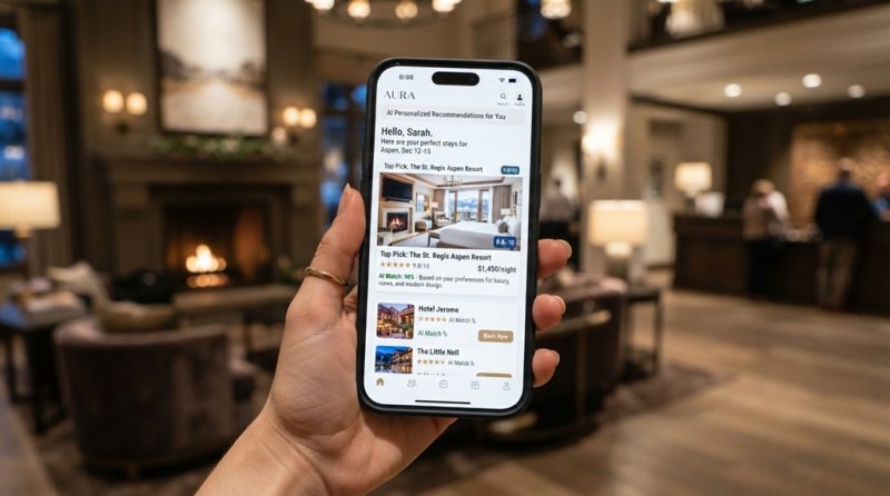 Traveler holding a phone using AI hotel booking to reserve a luxury room stay.
