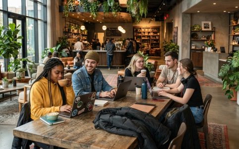 Young adults working on laptops in a modern hotel lobby to attract Gen Z travelers.