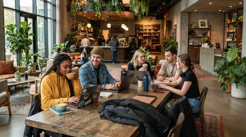 Young adults working on laptops in a modern hotel lobby to attract Gen Z travelers.