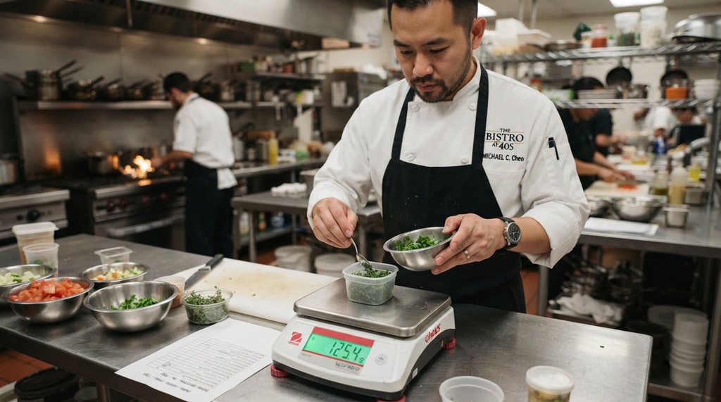 A male chef weighing ingredients on a scale to control menu portion costs.
