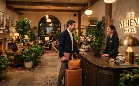 Well-dressed guest greeting concierge in a stylish boutique hotel lobby.