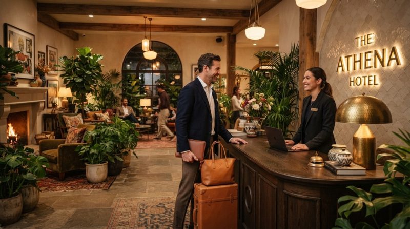 Well-dressed guest greeting concierge in a stylish boutique hotel lobby.