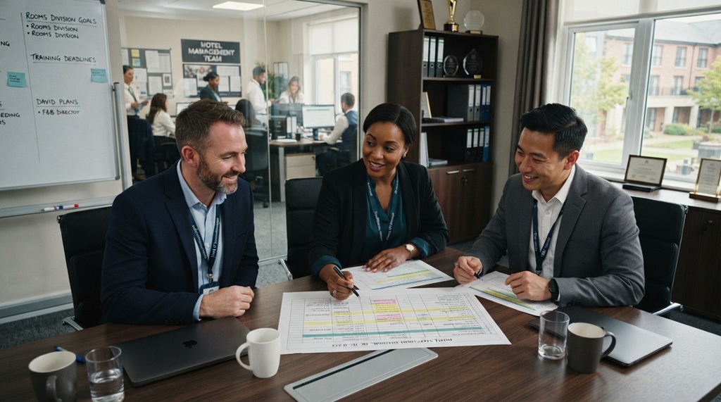 Two male department heads and female supervisor reviewing training schedules at office table.