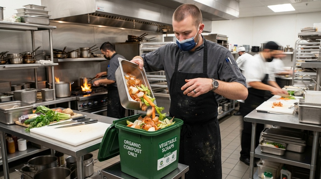 A male cook places vegetable peelings into a green hotel kitchen compost bin.