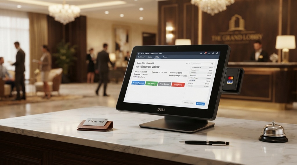 Modern touchscreen POS system displaying billing software at a luxury hotel front desk.