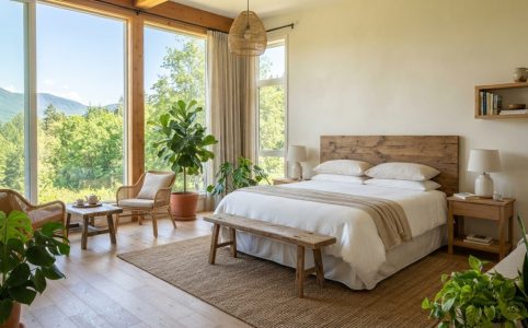 Bright eco friendly hotel room with wooden furniture and natural sunlight.