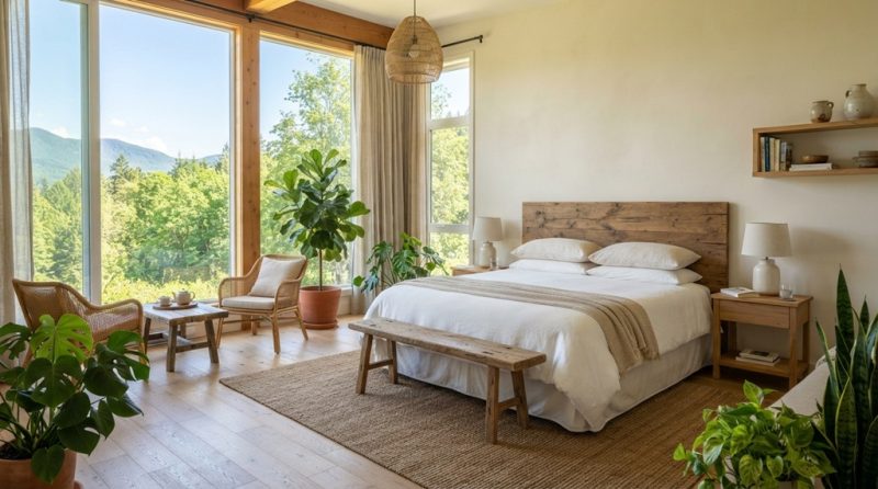Bright eco friendly hotel room with wooden furniture and natural sunlight.
