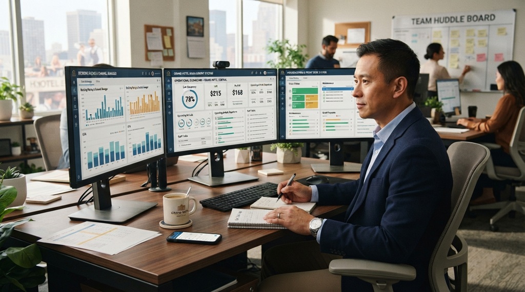 Man sitting at desk reviewing hotel management software interface on laptop.