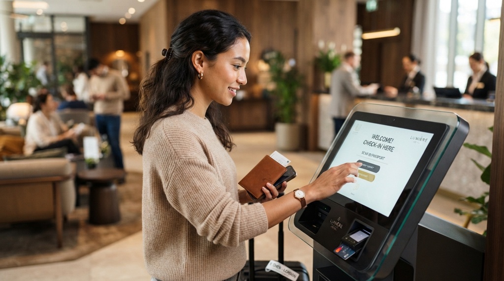 Female guest using a modern digital self-service check-in kiosk in a hotel.