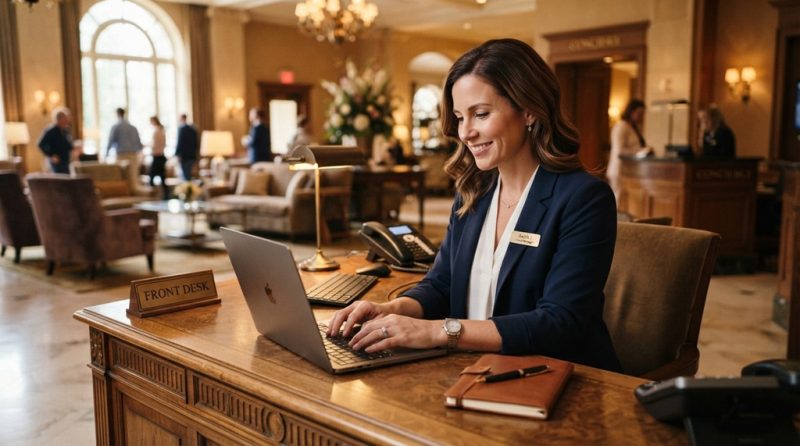 Female hotel manager typing on a laptop in a modern lobby.