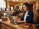 Female hotel manager typing on a laptop in a modern lobby.