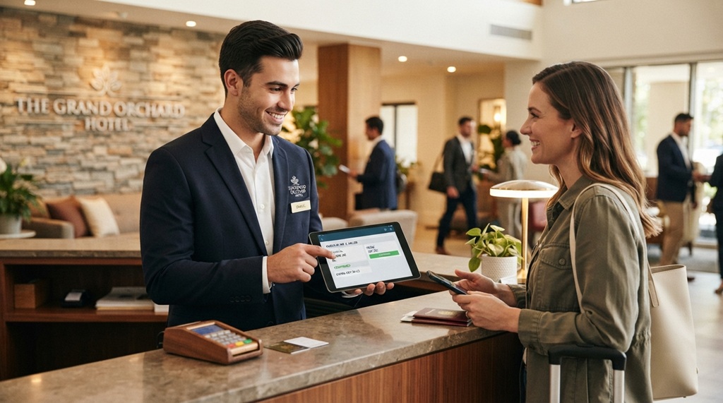 Male hotel staff member managing guest check-in software on a tablet screen.
