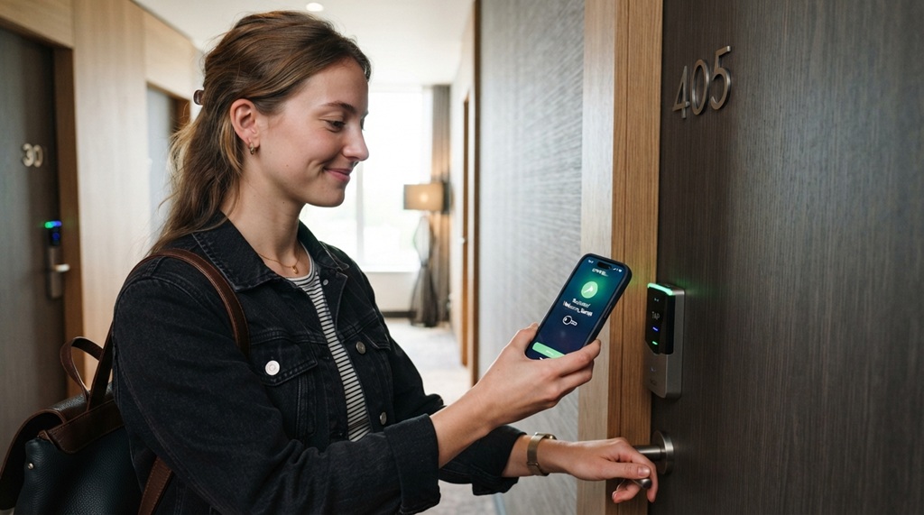A guest using a smartphone digital key to unlock a modern hotel room door.
