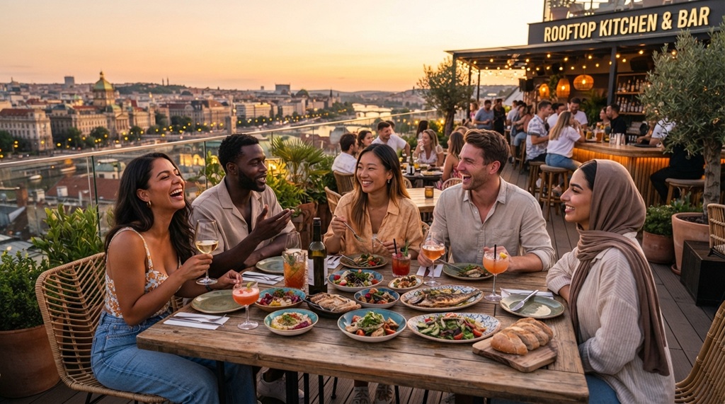 Diverse young guests dining at a rooftop hotel restaurant during sunset.