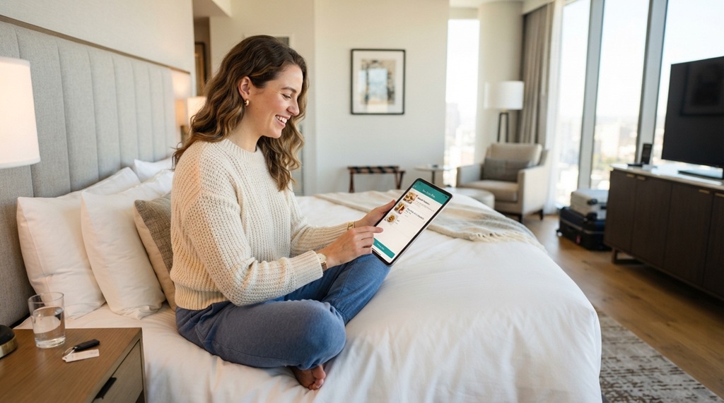 Guest using a digital tablet to order room service in bed.