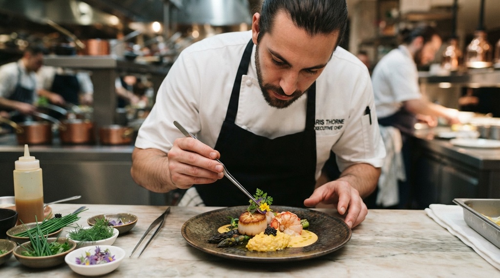 Chef carefully plating gourmet seafood dish in hotel kitchen.